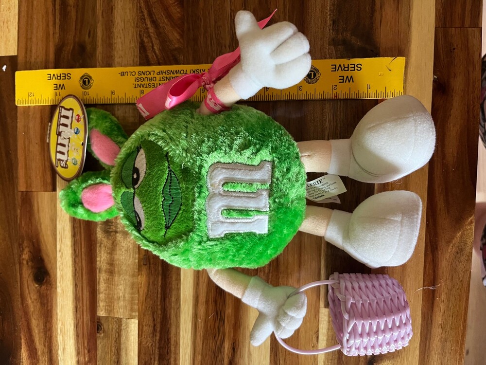 M&M's Green Bunny easter Plush Toy with Pink Bow and basket in her hand, Soft St